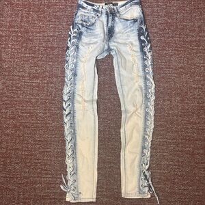 Vintage Redfox jeans lace up leg light wash skinny distressed side tie denim 1